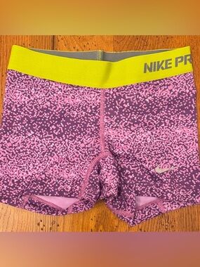 Nike Pro Pixelated Purple and Pink Shorts with Yellow Waistband